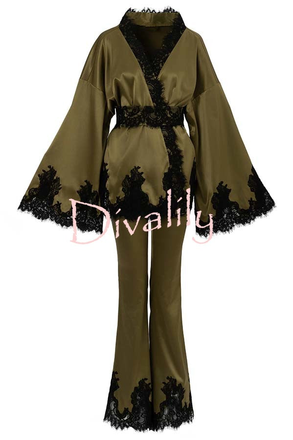 Soft Ember Satin Lace Trim Bell Sleeve Waisted Kimono Top