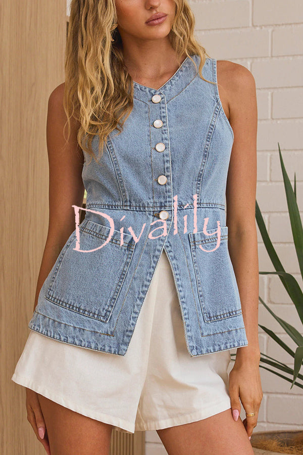 Fashionable Casual Slim Fit Button Pocket Denim Vest