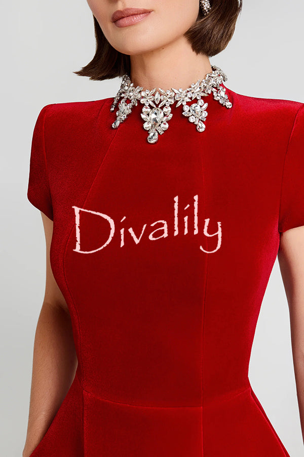 Regan Luxurious Velvet Jewel-encrusted Turtleneck Short Sleeve Pocket Tulip Mini Dress