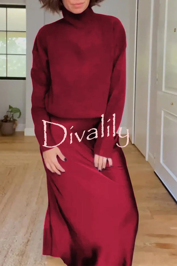 Jaelyn Solid Color Turtleneck Long Sleeve Sweater and Satin Elastic Waist Maxi Skirt Set