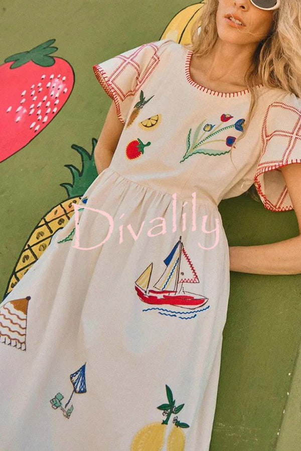 Summer Resort Printed Round Neck Bell Sleeve Maxi Dress