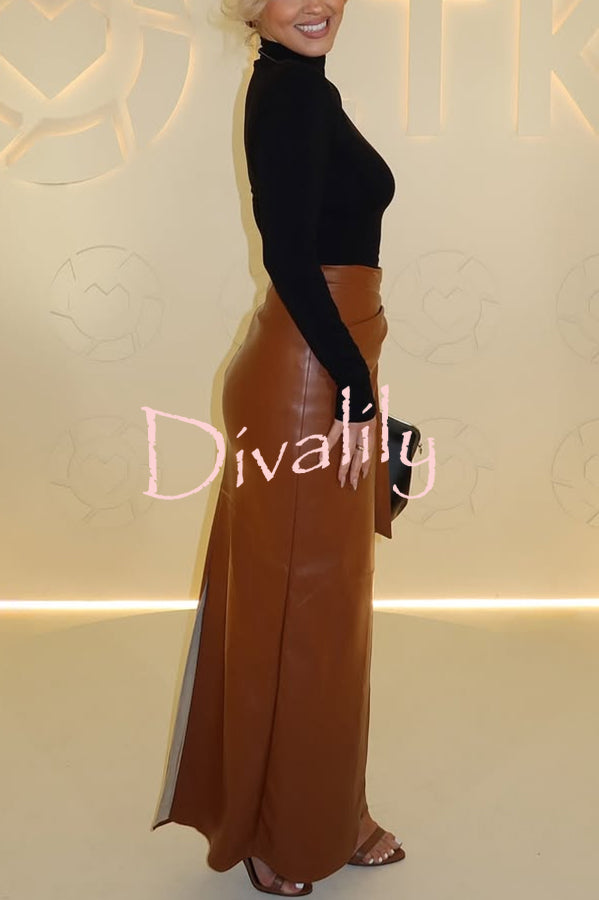 Snappy Casual Slay Faux Leather High Rise Wrap Tie-up Stretch Maxi Skirt