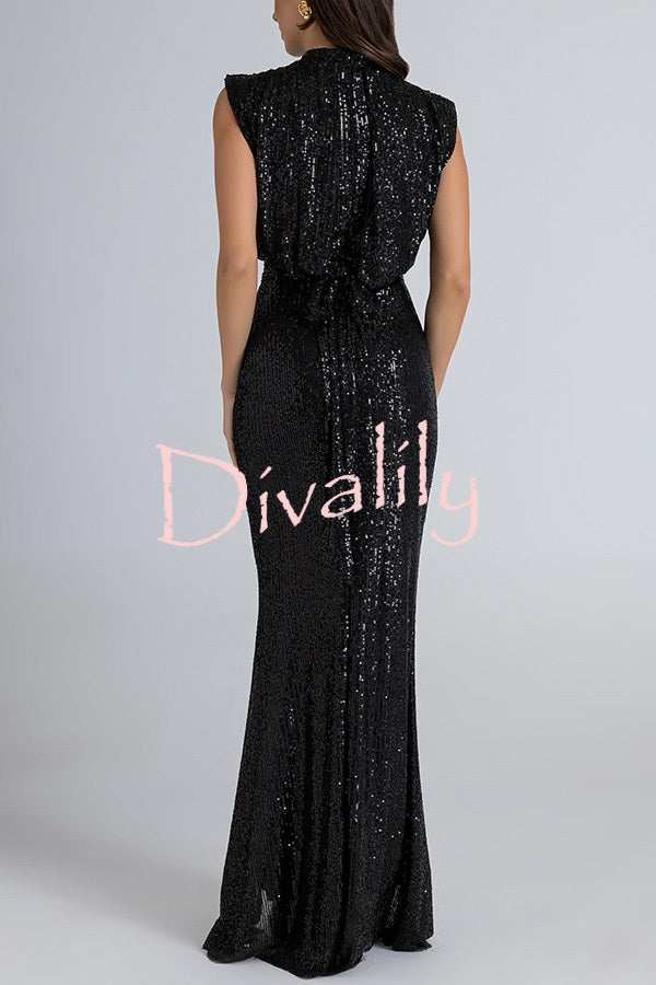 Dreamy Delights Sequin Wide Short Sleeve Back Tie-up Ruched Slit Maxi Dress