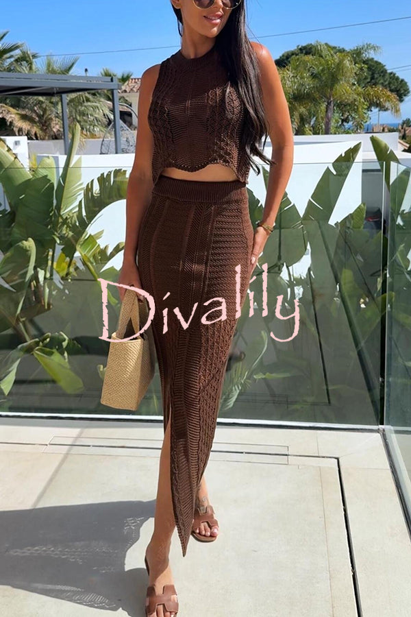 Solid Color Sleeveless Hollow Knit Crop Top and Elastic Slit Slim Midi Skirt Set