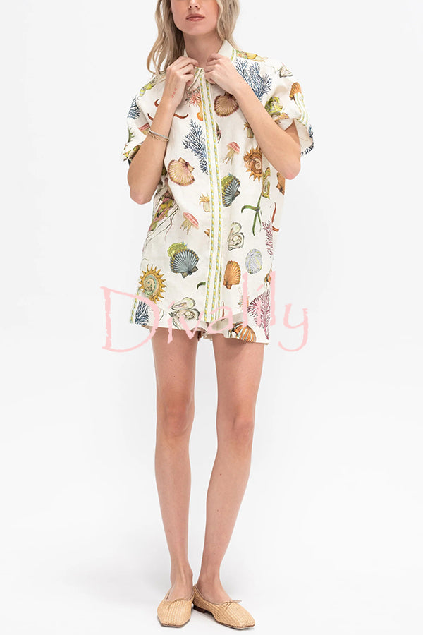 Beach Shell Print Short Sleeve Loose Shirt and Elastic Waist Tie Casual Pocket Shorts Set