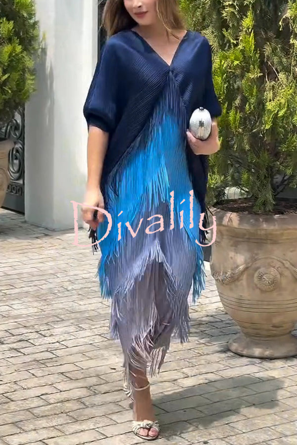 Fashionable Color-blocked Multi-layered Tassel Loose Midi Dress