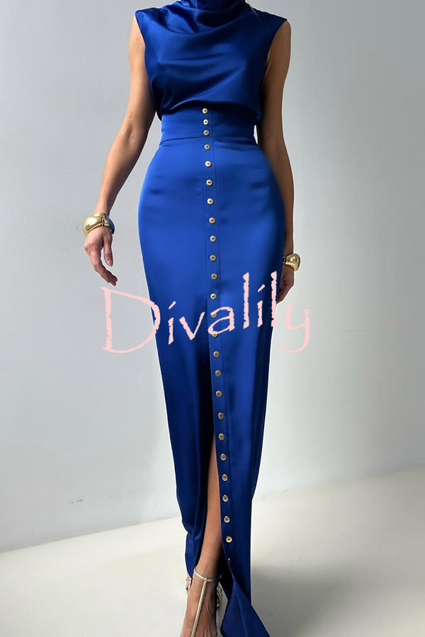 Solid Color Casual Sleeveless Crop Top and Elegant Button-down Maxi Skirt Set