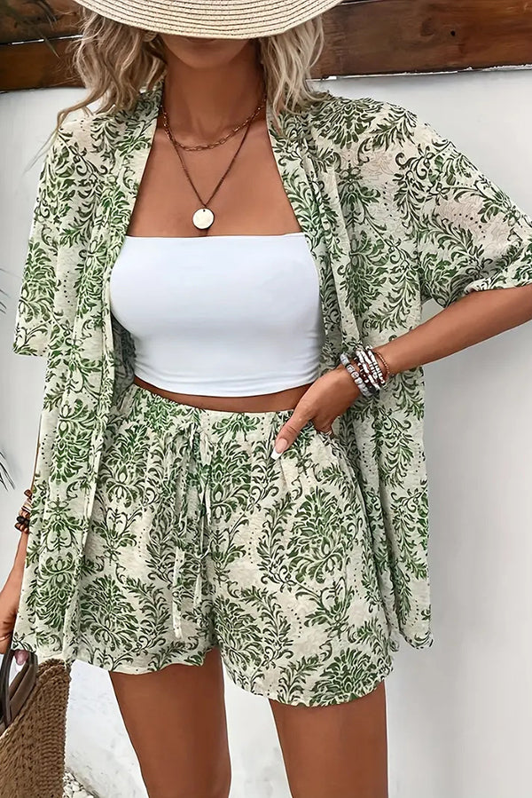 Unique Print Vacation Short-sleeved Cardigan Top and Elastic Waist Pocket Shorts Set