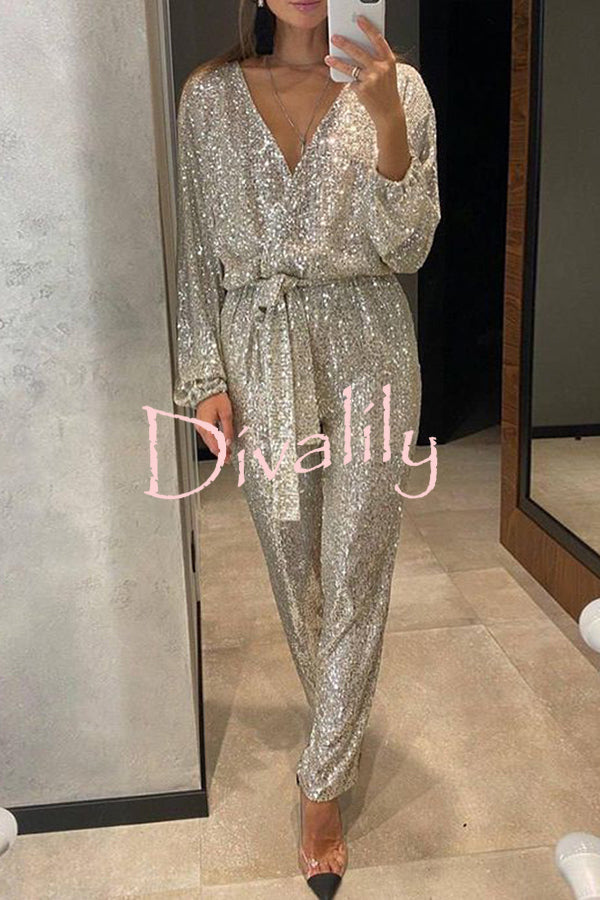 Cheers To You Sequin Long Sleeve Belted Wrap Loose Jumpsuit