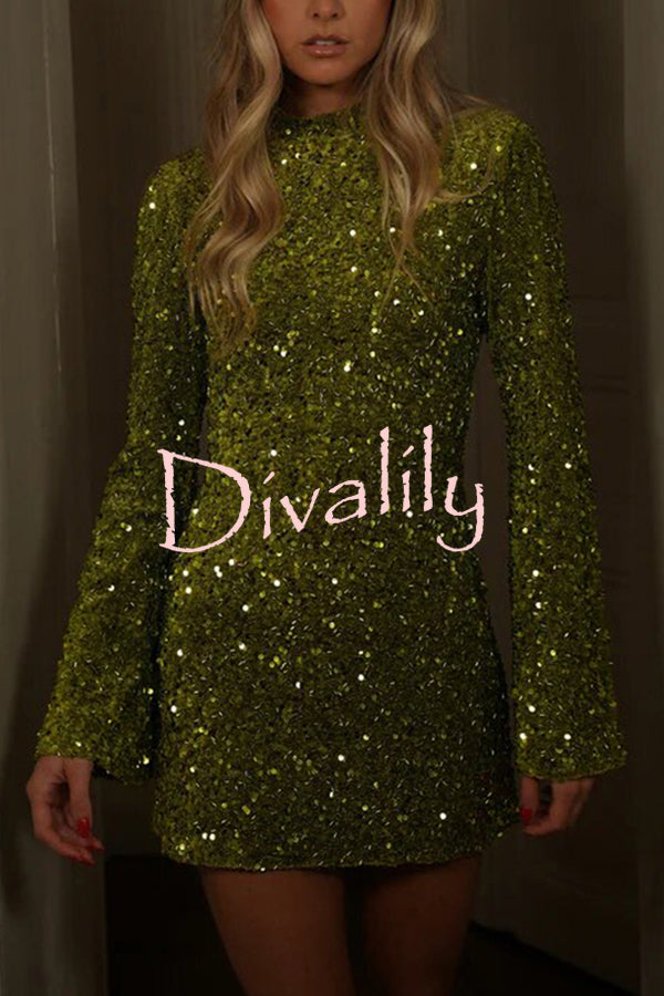 Dora Velvet Sequin High Neck Long Bell Sleeve H-line Mini Dress