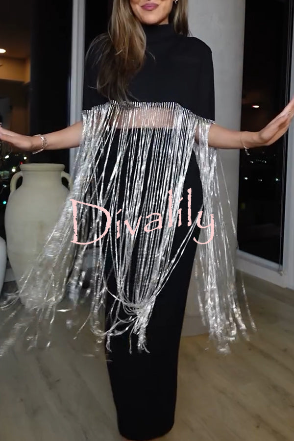 New Level Shiny Tassel Stand Neck Crop Cape Blouse