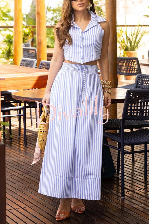 Stripe Print Lapel Sleeveless Button Top and Elastic Waist Casual Maxi Skirt Set