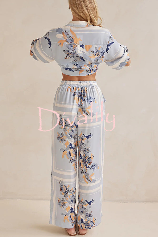 Fashionable Plant Print Loose Lapel Short Sleeve Shirt and Casual Elastic Waist Pocket Pants Set