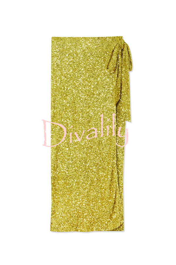 Disco Dancing Queen Sequin Wrap Tie-up Slit Midi Skirt