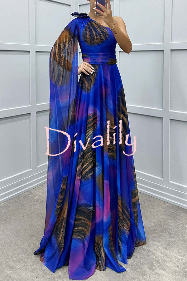 Lucia Unique Print Floral Detail One Shoulder Draped Sleeve Gown Maxi Dress