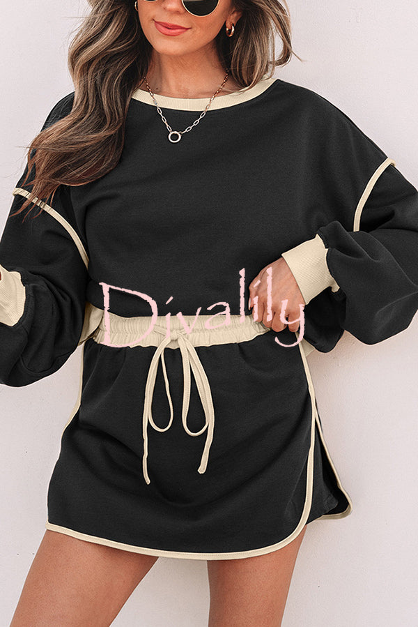 Fashion Round Neck Long Sleeve Spliced Casual Top and Elastic Waist Loose Shorts Set
