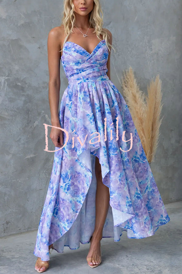 Brennan Floral Strapless Back Smocked Asymmetric Hem Maxi Dress