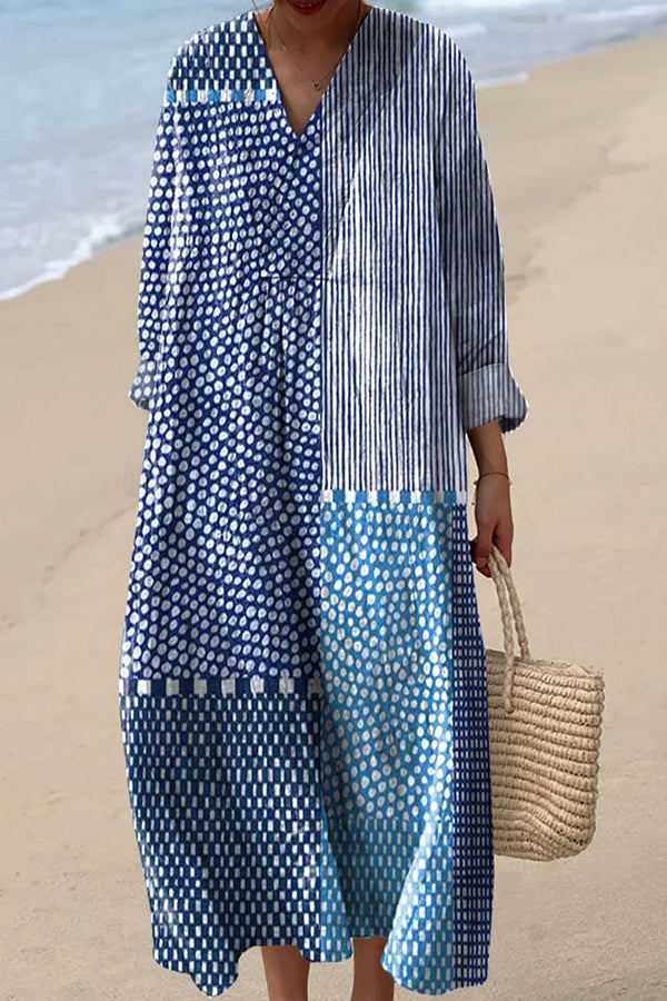 Blue Spot Print V-Neck Long Sleeve Loose Midi Dress