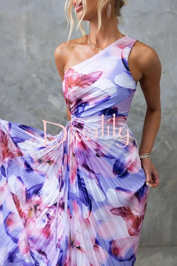 Laken Floral Print One Shoulder Adjustable Tie Cutout Pleated Maxi Dress