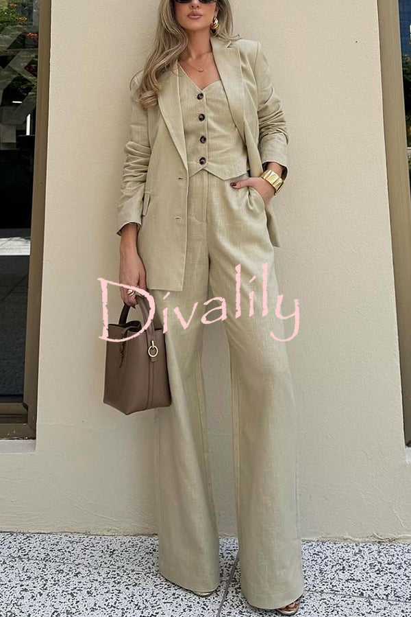 Solid Color Lapel Blazer + Slim Waistcoat and Pocket Wide-leg Pants Three-piece Set