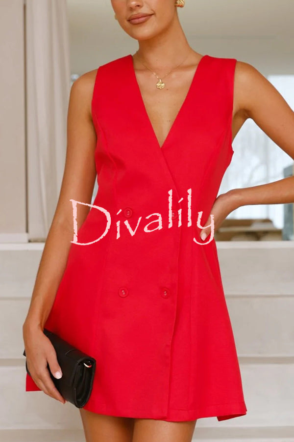 Solid Color Sleeveless V Neck Button Casual Mini Dress