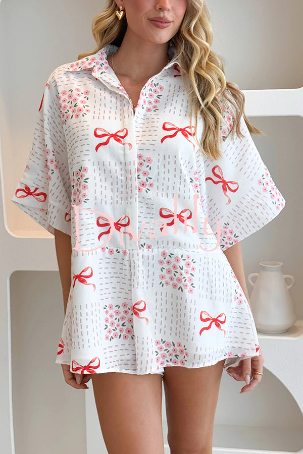 Sweet Bow Print Lapel Half Sleeve Tie Waist Loose Rompers