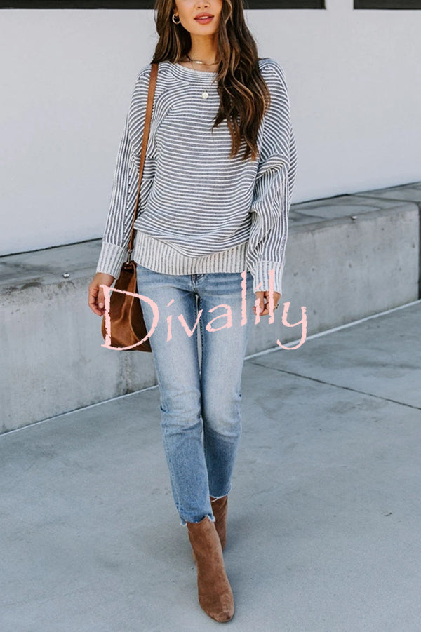 Knitted Striped Round Neck Dolman Sleeve Casual Loose Sweater