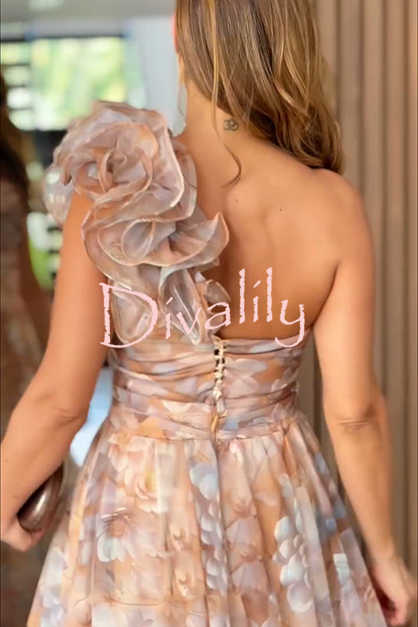 Romantic Ball Chiffon Floral One-shoulder Pleated Design Back Lace-up Gown Maxi Dress