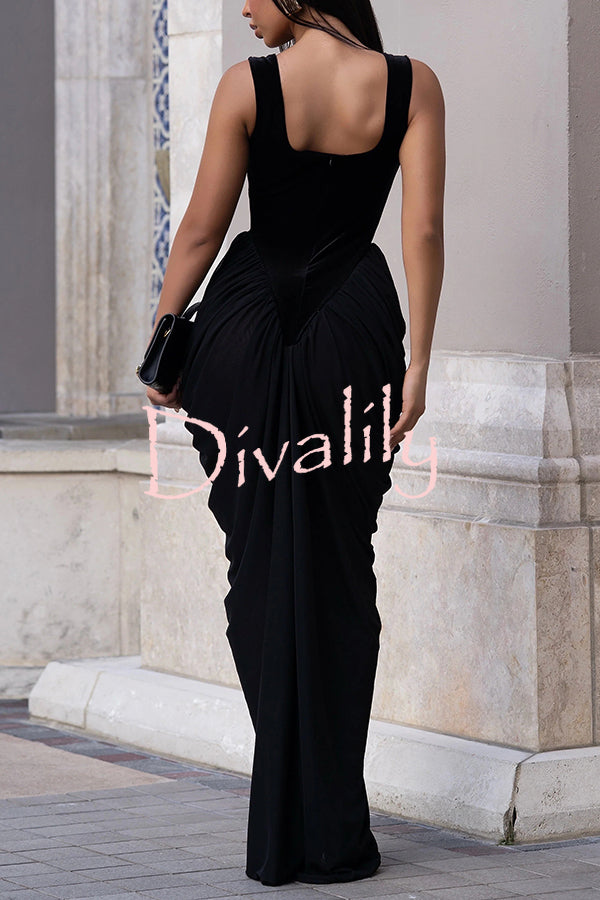 Fashionable Velvet Patchwork Square Neck Sleeveless Draped Maxi Dress