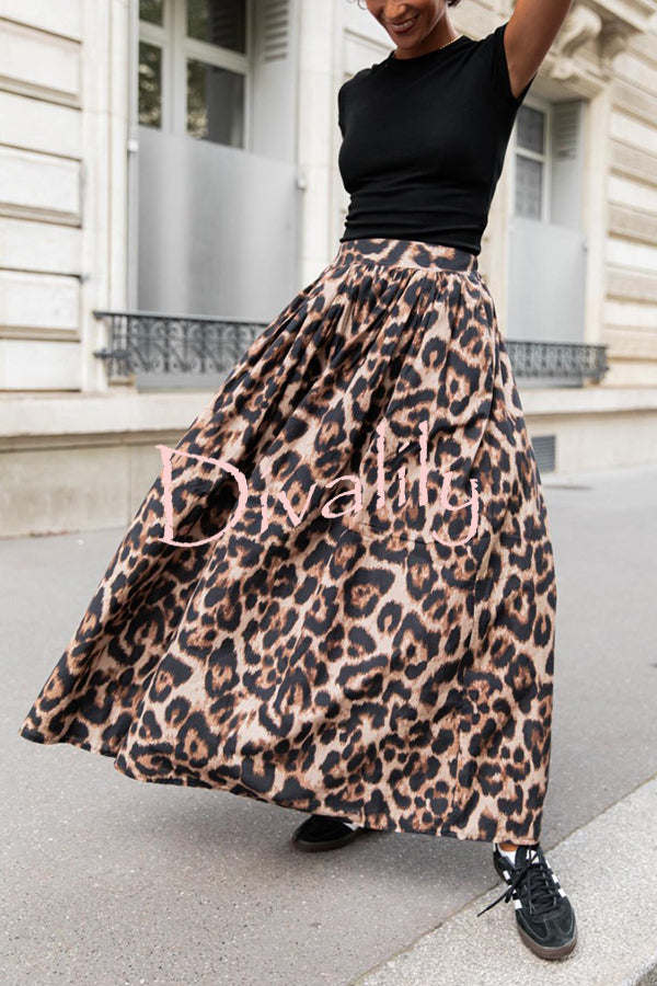 Leopard Print Pocket Pleated Hem Maxi Skirt