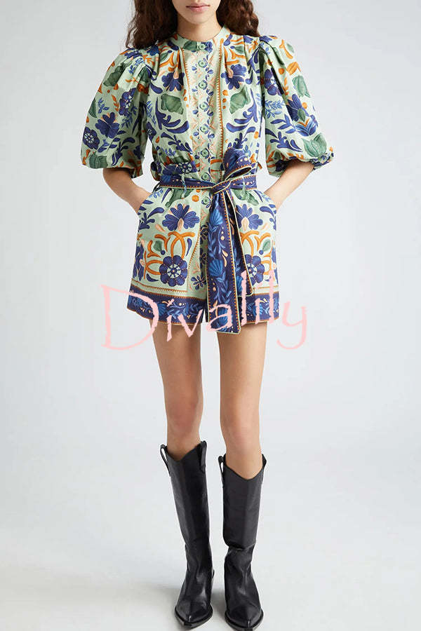 Elouise Linen Blend Unique Print Button Puff Sleeves Tie-up Pocketed Romper