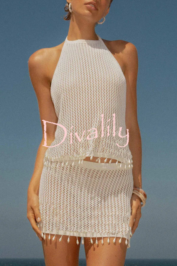 Fashion Knit Hollow Back Top and Embellished Fitted Stretch Beach Mini Skirt Set