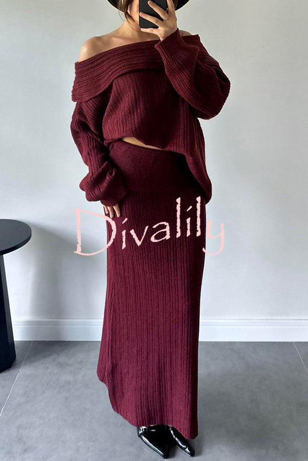 Luka Ribbed Knit Off Shoulder Long Sleeve Sweater and Stretch Maxi Skirt Set