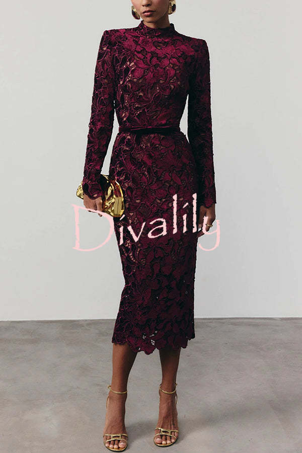Diane Velvet Embroidered Floral Lace Long Sleeve Belt Scallop Edge Midi Dress