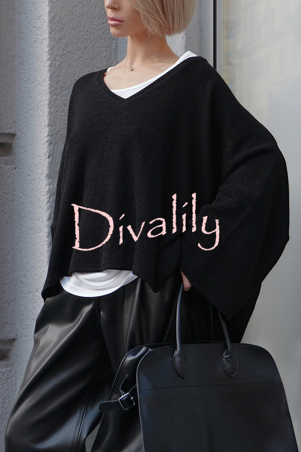 Warm Winter Ribbed Knit V-neck Batwing Sleeve Loose Relaxed Sweater
