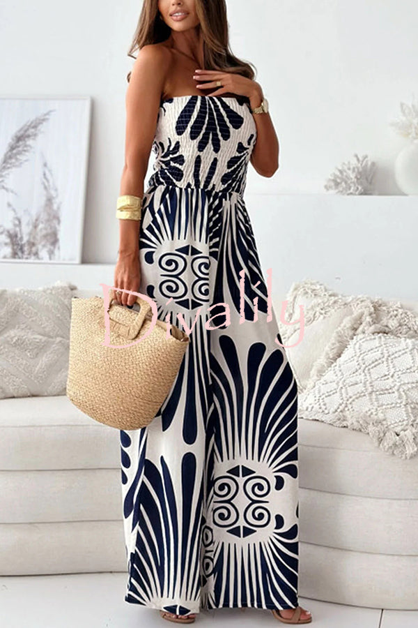 Unique Printed Off-shoulder Pleated Casual Wide-leg Jumpsuit