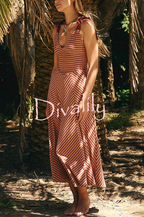 Striped Print V-Neck Lace-Up Backless Holiday Midi Dress