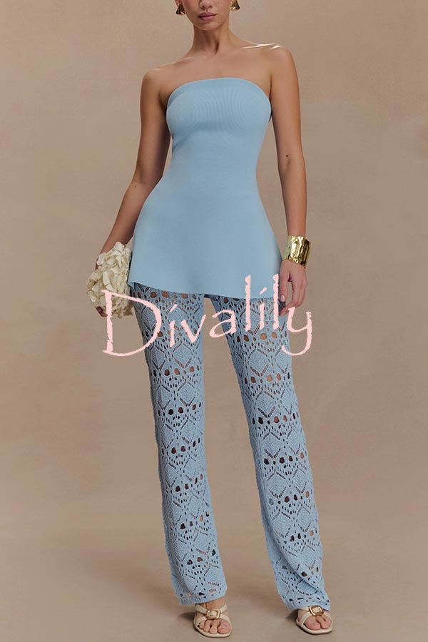 Trena Crochet Knit Hollow Mid Rise Stretch Wide Leg Pants