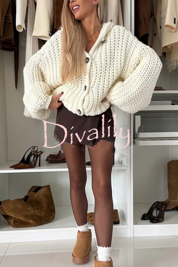Warm Day Knit Button Up Long Balloon Sleeve Hooded Loose Cardigan