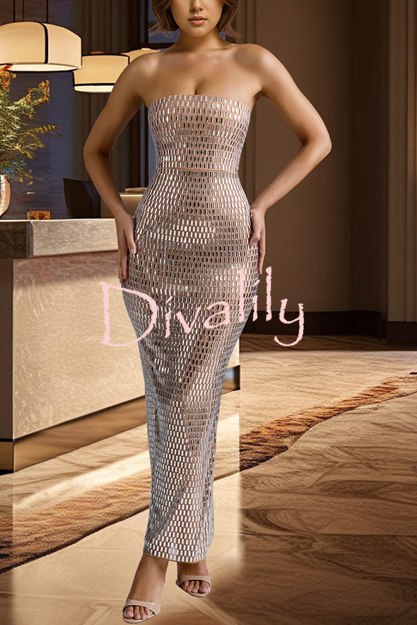 Flash Sculpture Rhinestone Embellished Bandeau Slit Stretch Maxi Dress