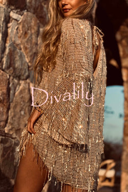 Flowing Shimmer Sequin Tassel Fabric Bell Sleeve Back Tie-up Loose Mini Dress