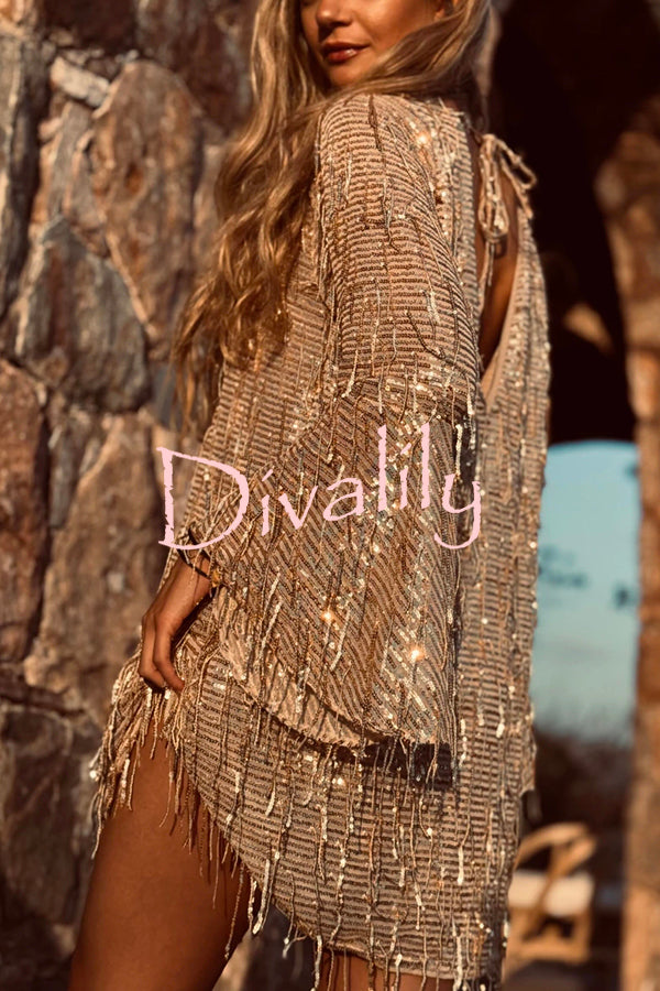 Flowing Shimmer Sequin Tassel Fabric Bell Sleeve Back Tie-up Loose Mini Dress