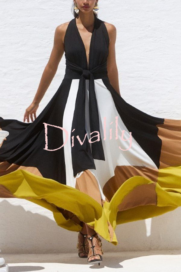 Fashion Colorblock Sexy Backless Tie Waist Full Hem Maxi Dress