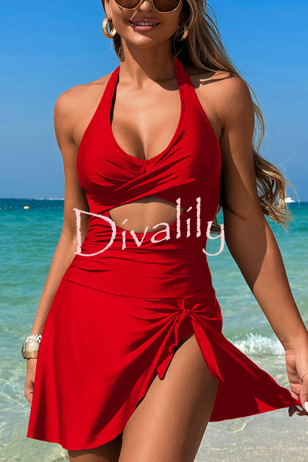 Fashionable Halterneck Waist Hollow Stretch One-piece Swimsuit