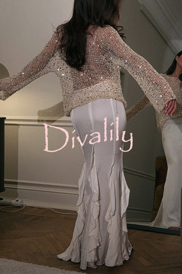 Fashion Sequined Hollow Long Sleeve Loose Knit Top
