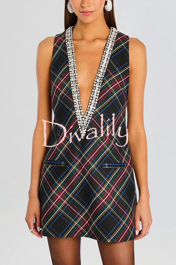 Elegant Demeanor Satin Gemstone Trim Deep V-Neck Tank H-line Mini Dress