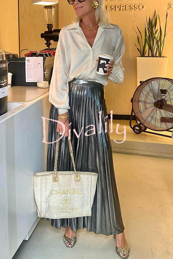 Fashionable Metallic Pleated Back Elastic Waist Maxi Skirt