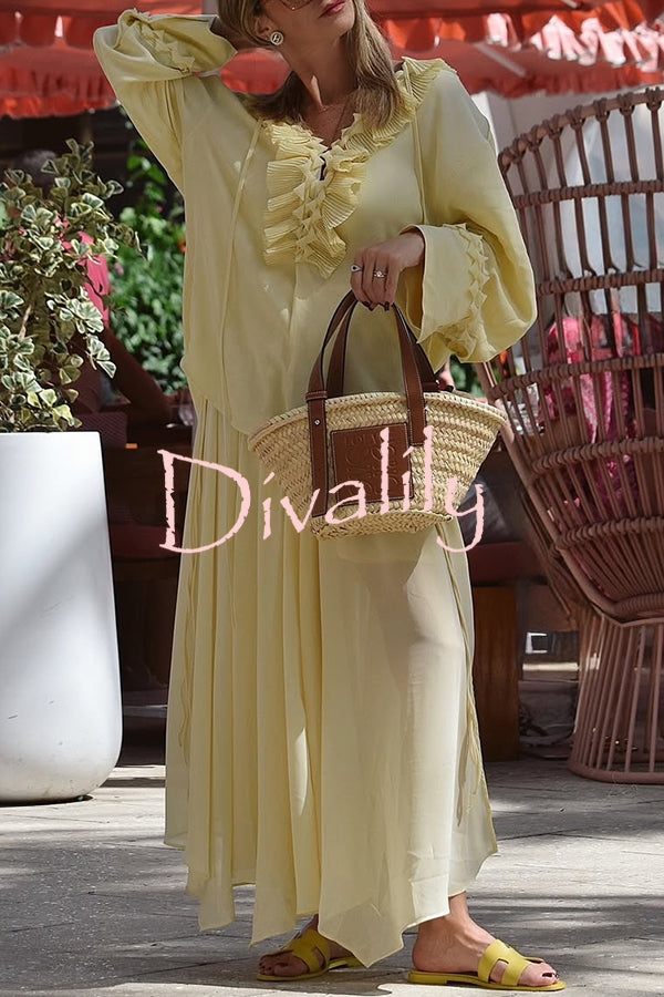 Solid Color Pleated Ruffled Tie Long Sleeve Loose Shirt