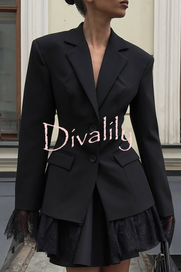 Solid Color Lace Panel Long Sleeve Button Elegant Blazer