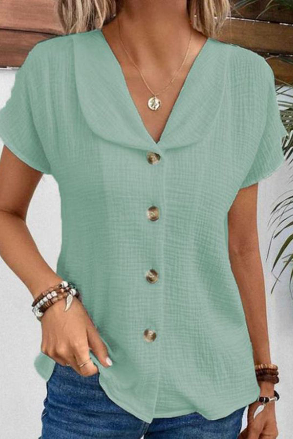 Solid Color Lapel Short Sleeve Casual Button Top